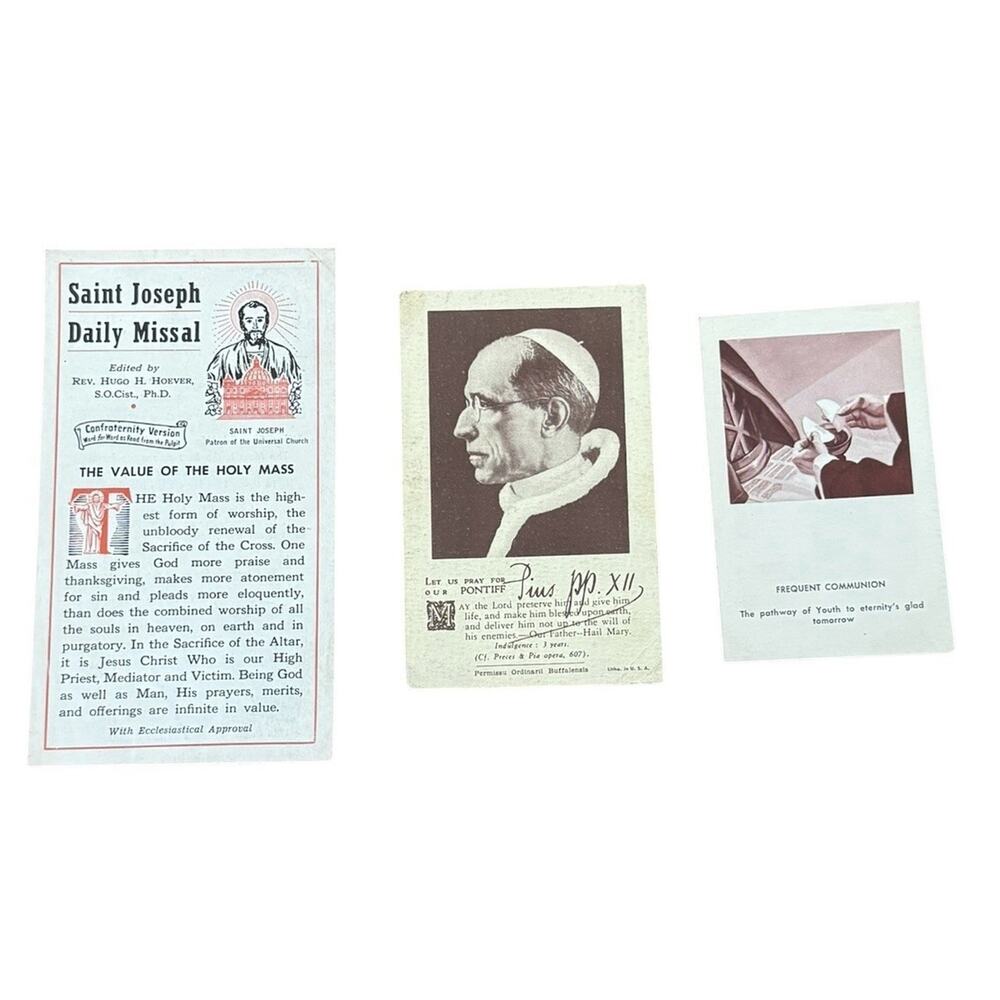 VTG Pope Pius XII Prayer Card St Joseph Missal Frequent Communion Catholic